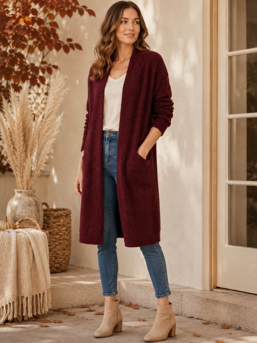 LOFT Bonfire Long Duster Cardigan Burgundy Open Front NWT XS